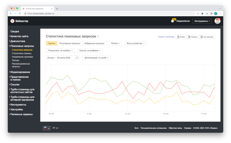 Просмотр статистики поисковых запросов в Яндекс.Вебмастер
